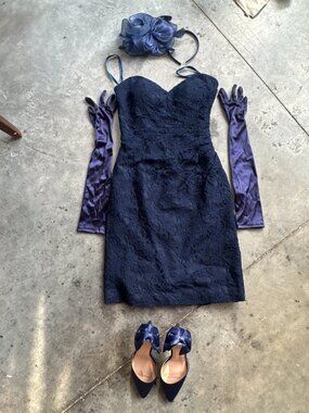 Derby Set: Kennedy Blue Navy Lace Bridesmaid Dress, Fastener, Gloves, Bow Heels
